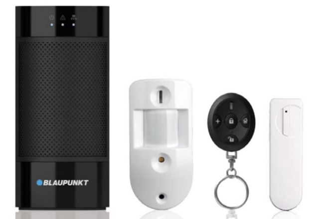 Centrale d’alarme noire, détecteur de mouvement à caméra, télécommande porte-clés et contact d’ouverture blanc